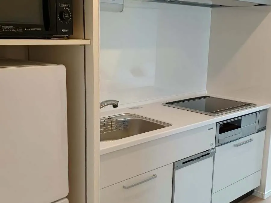 Compact kitchen with microwave and fridge in the studio