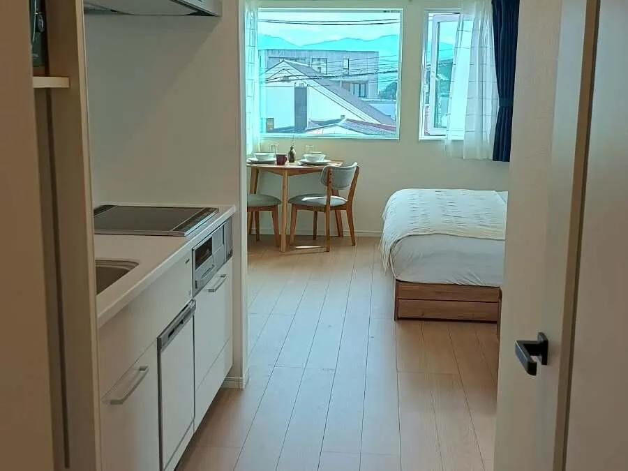 View from the kitchen towards the king bed and dining area