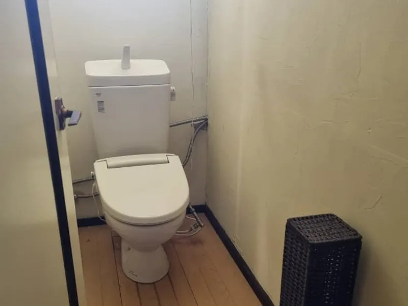 Toilet with washlet and wooden floor